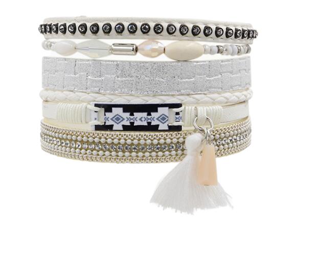STRATHSPEY Etnische Kwasten Sieraden Armband Vrouwen multi-layer Lederen Touw Strass Magneet Sluiting Bangle Bracelete Feminino Blauw: White Color