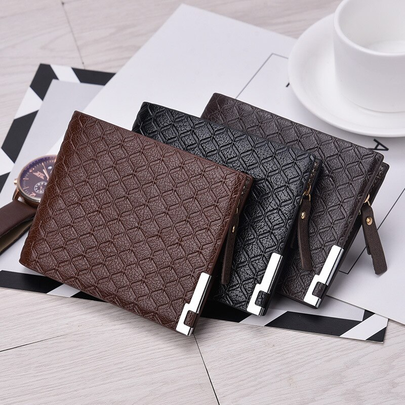 Men's Wallet Multi-card Slot Open Card Bag PU Plaid Short Coin Purse Business Horizontal Square Zipper Wallet