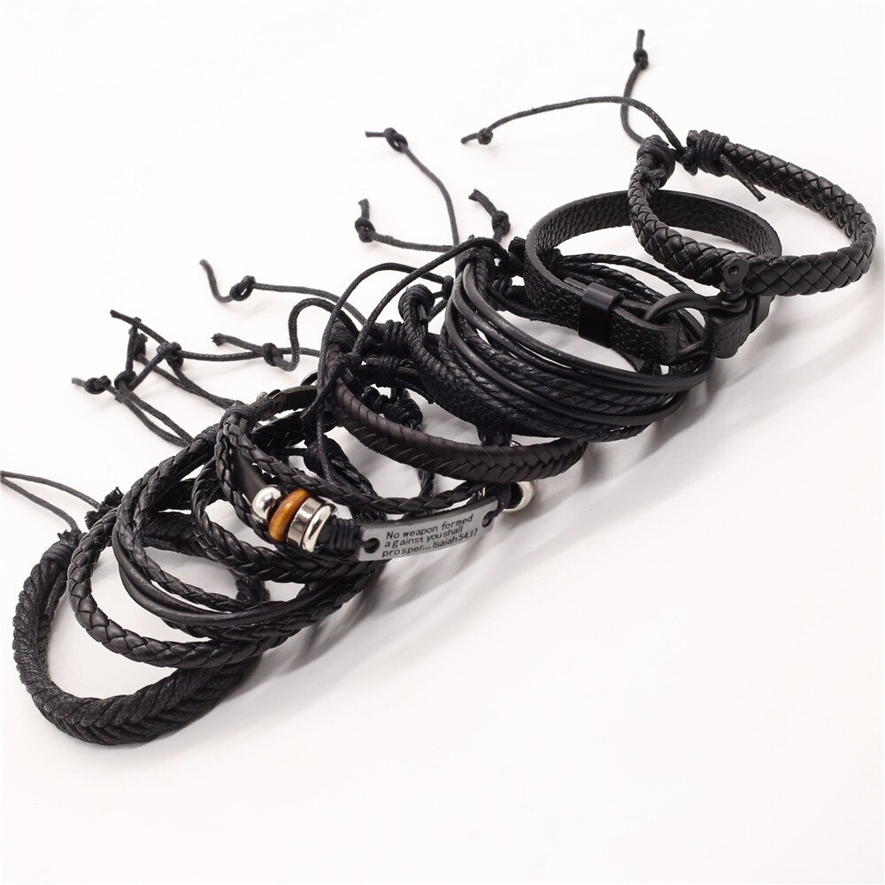 10 pz/impostato intrecciato bracciali in pelle da uomo per donna Vintage ▾ croce parole fascino etnico femminile multistrato avvolgere braccialetti tribali