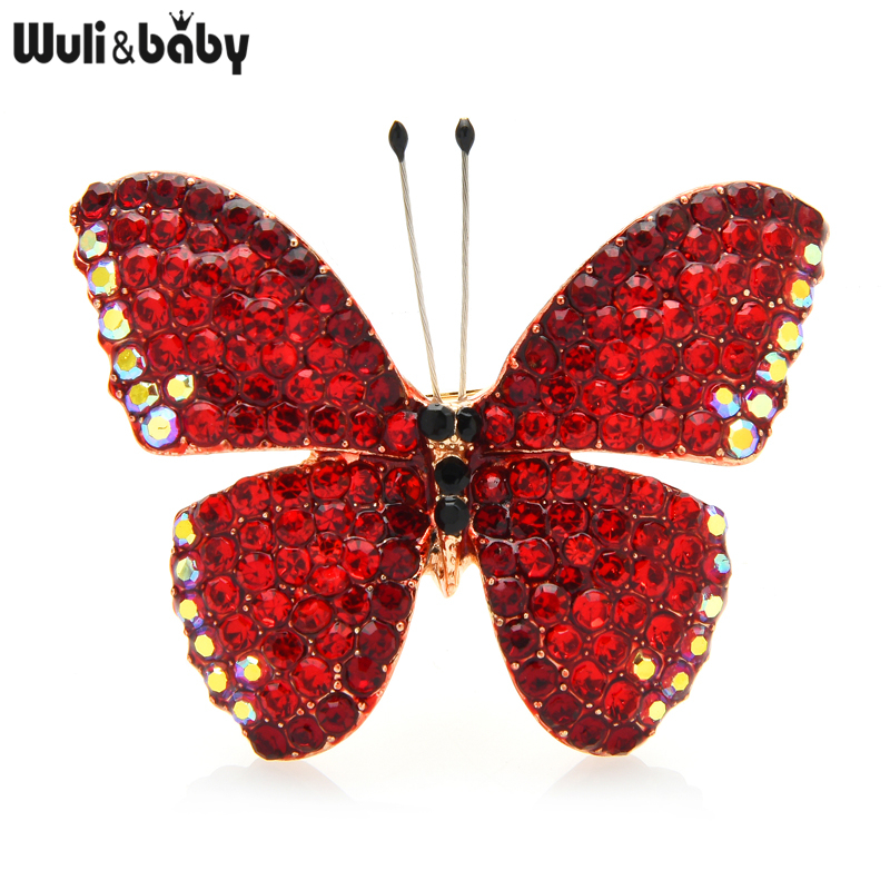 Wuli&amp;baby fuld rhinestone sommerfuglebrocher til kvinder unisex 4- farver insektbryllup kontorbrochenåle: Rød
