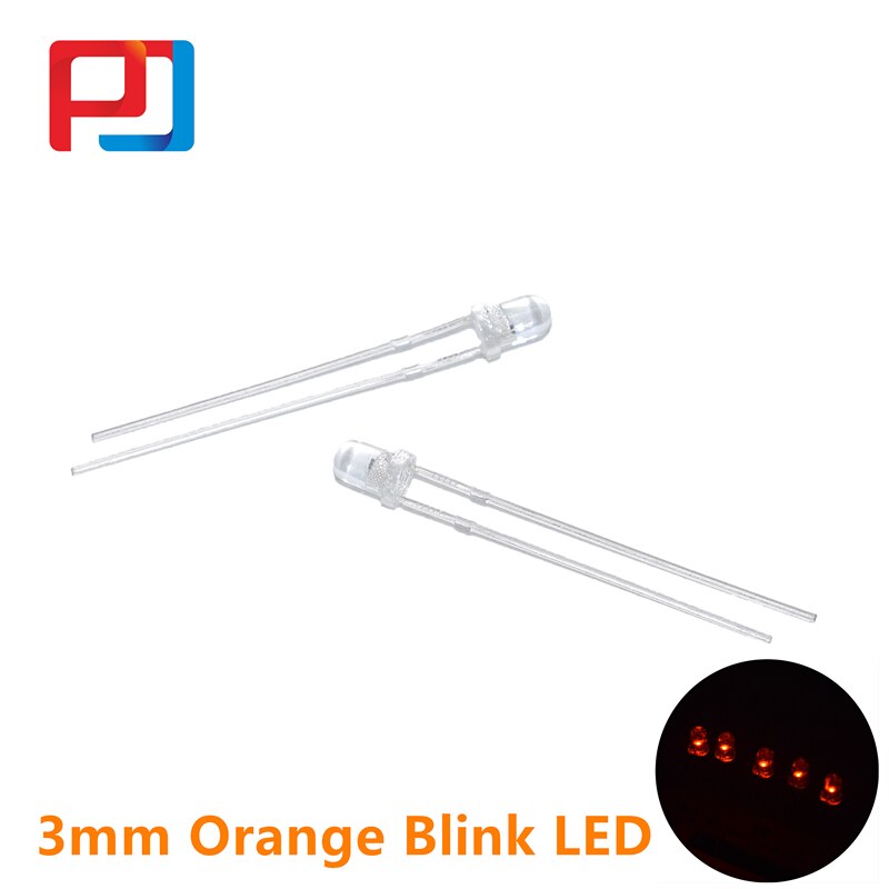 100 st 3mm led-dioder blinkar blinkande vit/röd/blå/grön/gul/orange blinkande 2- stift klara intermitente emitterande dioder  f3: 3mm- orange-blinkande