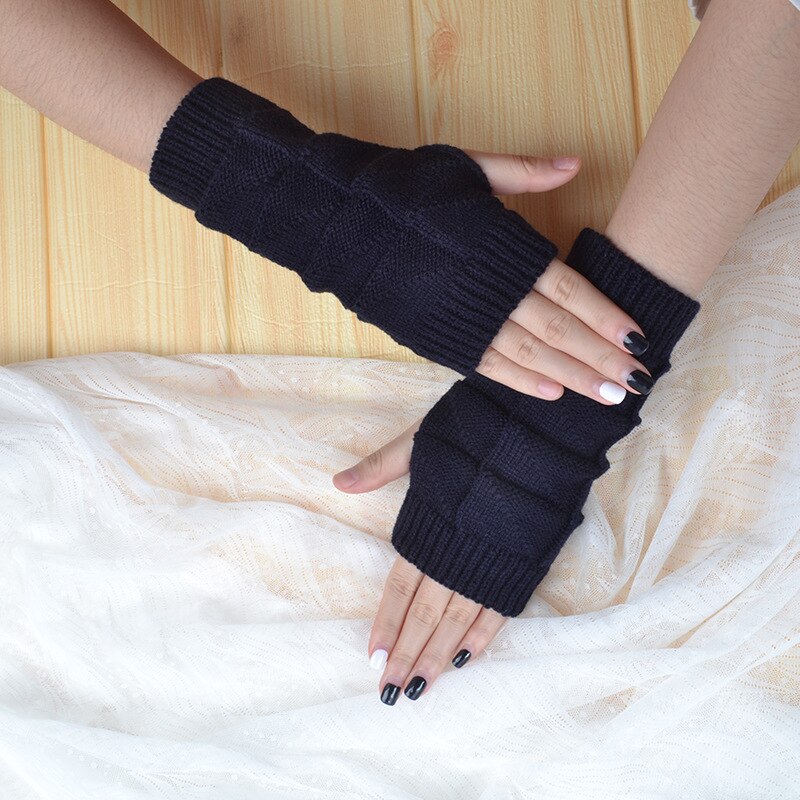 Autumn Winter Arm Cover Women Soft Crochet Knitted Arm Sleeve Solid Color Half Finger Gloves Outdoors Warm Mittens: navy blue