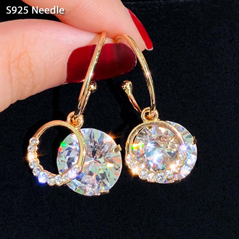 Real 925 Sterling Silver Needle Dangle Earrings for Women Jewelry Gold Bling Star Rhinestone Tassel Female Earrings