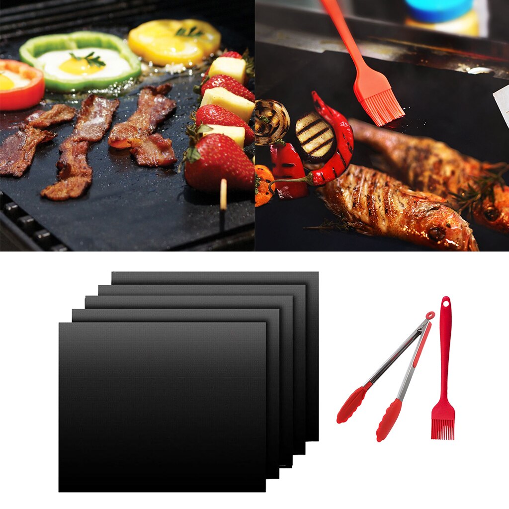5 Pcs BBQ Meat Grill Mat Bake Sheet Reusable Non-stick Meat BBQ Grill Pads Cooking Baking Placemat With Brush & Clip Party Tools