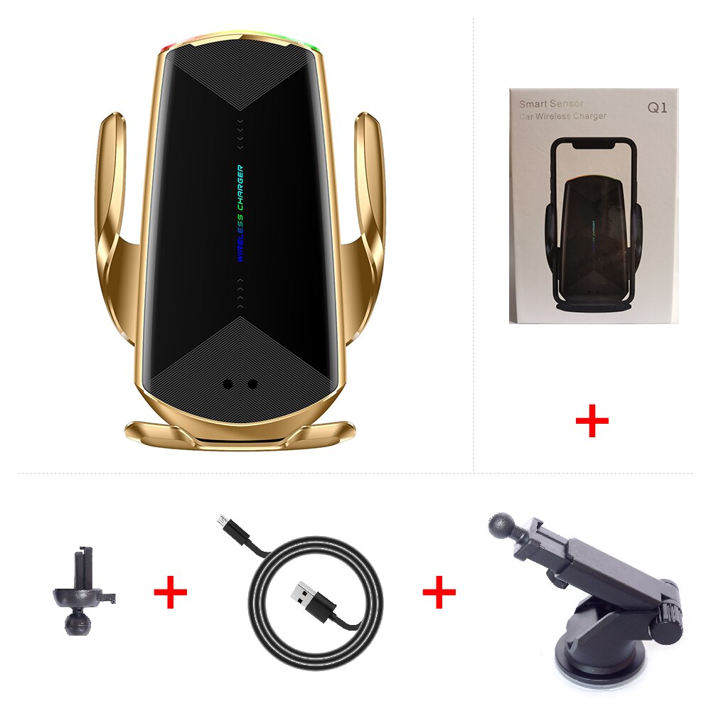 Qi Car Wireless Charger 15W Automatic Clamp Quick Charge foriphone 11 pro forHuawei P40 pro Mate30 pro Infrared Sensor Holder: Gold add suction