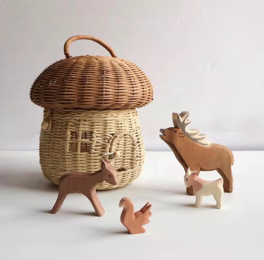Cesta de mimbre hecha a mano con forma de seta para niños, bolso de mano para niña, bolso de playa de ratán, decoración para niños