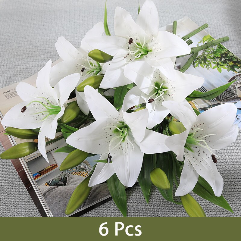 6 stk kunstige blomster lilje latex liljer skønhed for evigt bryllupsblomster flores artificiales para decoracion hogar: Hvid lilje
