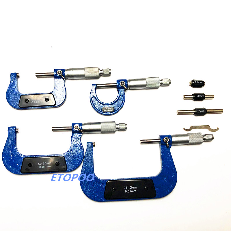 0-100mm Outside Micrometers measuring tools caliper thickness gauge 0-25mm, 25-50mm, 50-75mm, 75-100mm micrometer 4pcs/set