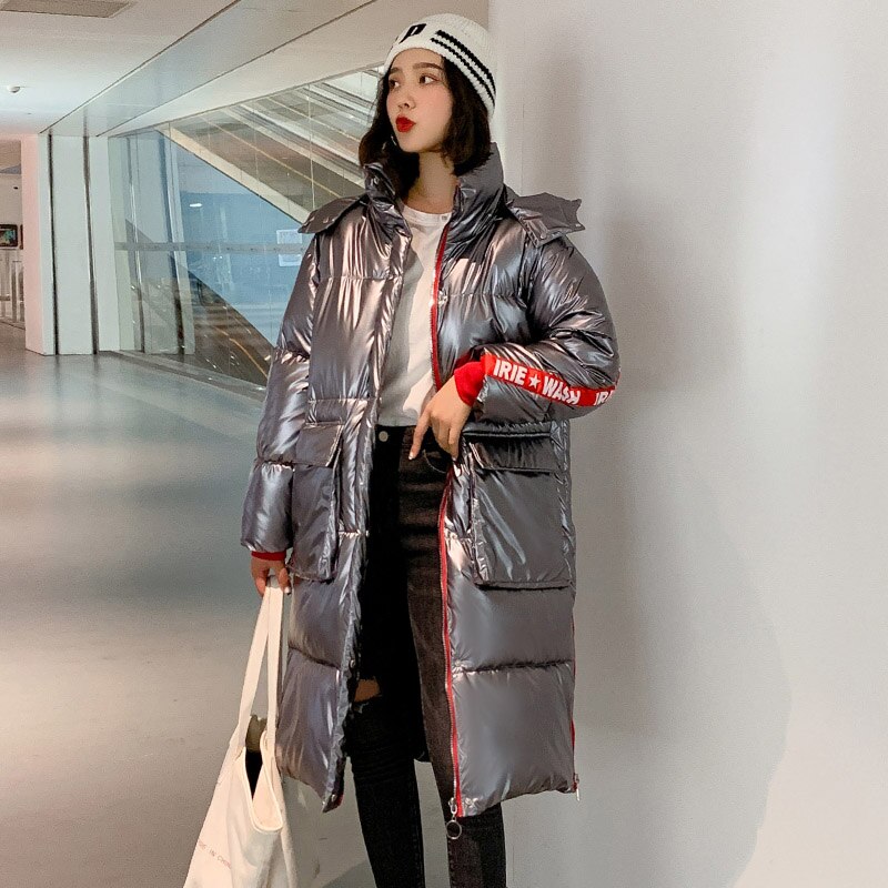 hiver longue veste pour femmes col montant Parka femme manteau à capuche avec tissu brillant Long coton rembourré: Dark gray / XXL