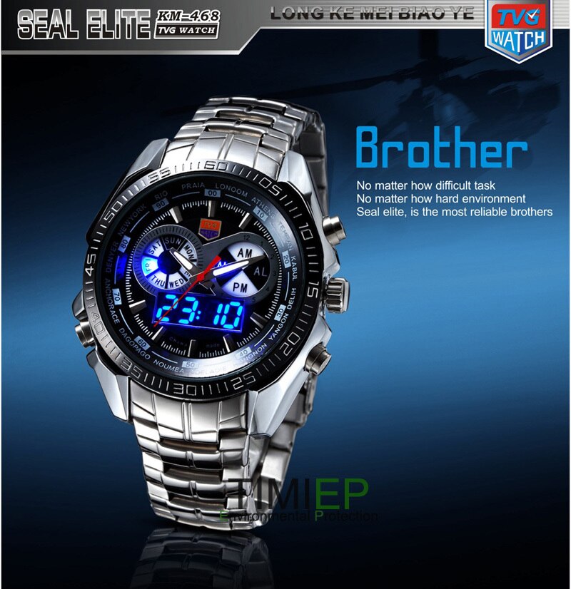 TVG Hight Quality Rvs heren Klok Blauwe LED Pointer Horloge Mens 30AM Waterdichte sport horloge