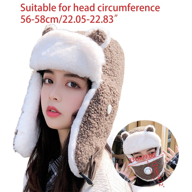 Women Cartoon Bear Ears Winter Trooper Trapper Hat with Removable Dustproof Face Mask Thermal Fleece Lining Earflap Cap