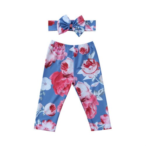 0-24m dejlige nyfødte baby baby dreng pige tøj afslappet blomster lang bukser bukser leggings underdele harembukser + pandebånd 2 stk: Blå / 6m