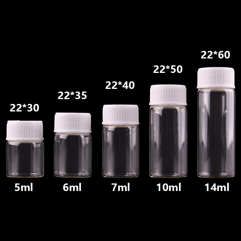 5ml 6ml 7ml 10ml 14ml Mini Clear Glass Bottles with White Plastic Screw Cap Empty Spice Bottles Jars DIY Crafts Vials