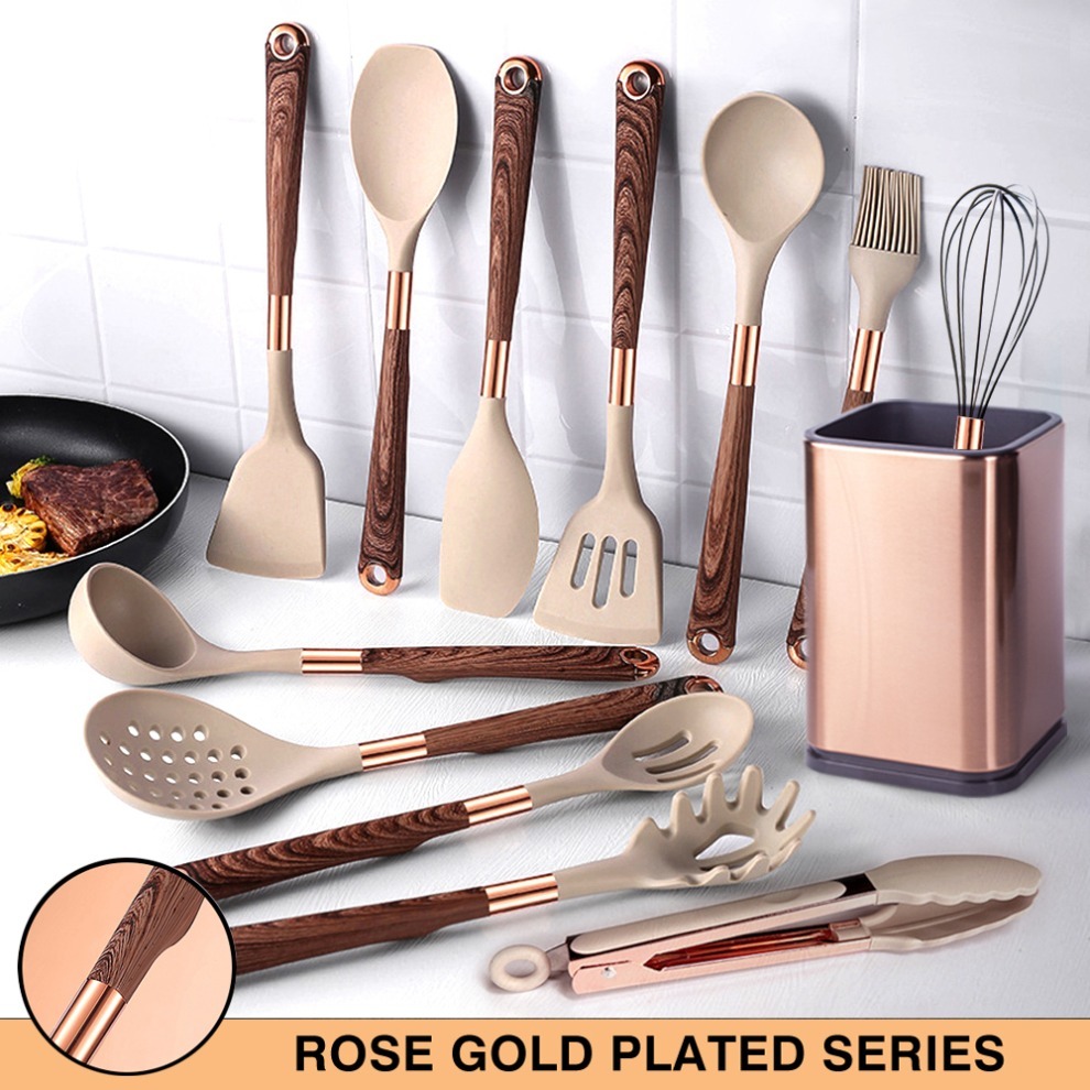 Silicone Cooking Utensils Set Heat Resistant Kitchen Spatula Spoon Non-Stick Tools With Rose Gold-Plated Handle And Holder