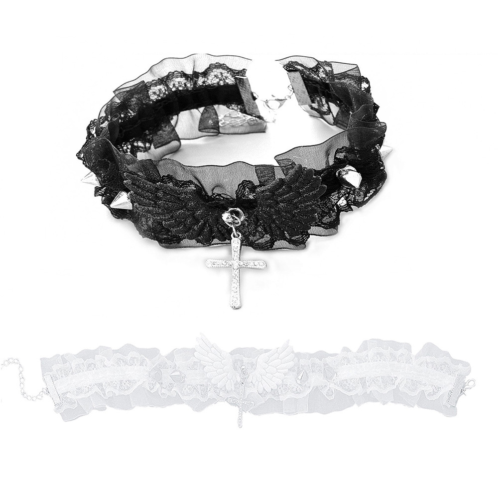Hul sort/hvid blonde choker halskæde kors bling engel vinge nitte chokers vintage punk gotisk smykker goth halskæde til kvinder