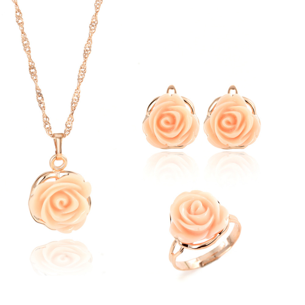 Romantische Roze Bloem Decoratie Sieraden Set Voor Bridal Mooie Gouden Collier Voor Vrouwen