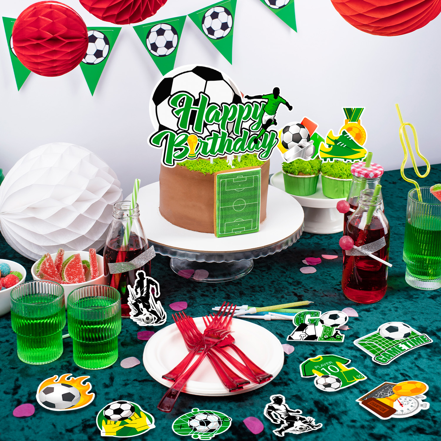 Voetbal taart decoraties, 13 stuks voetbal taart topper set - voetbal cupcake toppers + voetbal taart topper voor voetbal verjaardag