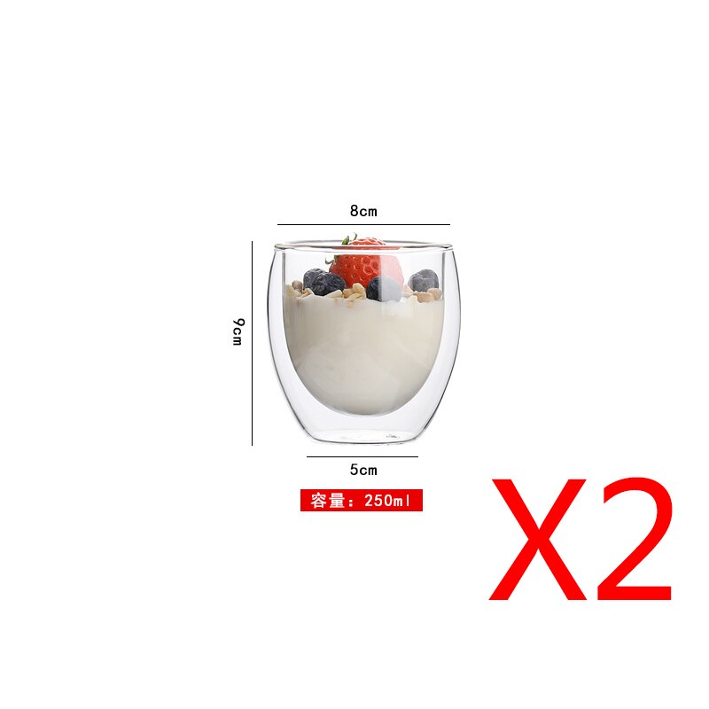 Transparent Double-layer Insulation Cup Heat-proof Anti-freeze Coffee Cup Ice Cream Cup Milk Cup Tea Cup Beverage Cup Creativity: 250ml x2