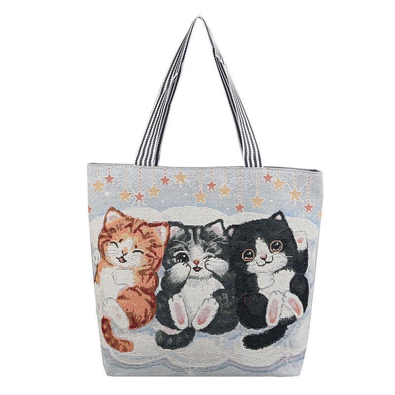 Vrouwen Grote Capaciteit Canvas Tas Mode Cartoon Kitten Katoenen Doek Schoudertas Eco Handtas Tote Herbruikbare Grocery Shopper Tassen: A05