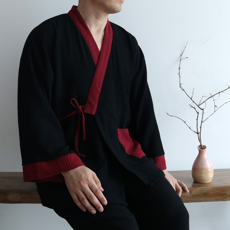 Kimono japonais hanfu pour hommes et femmes, en crêpe délavée, en coton pur, manches longues, peignoir de bain, ensemble haut et pantalon yukata, 2022