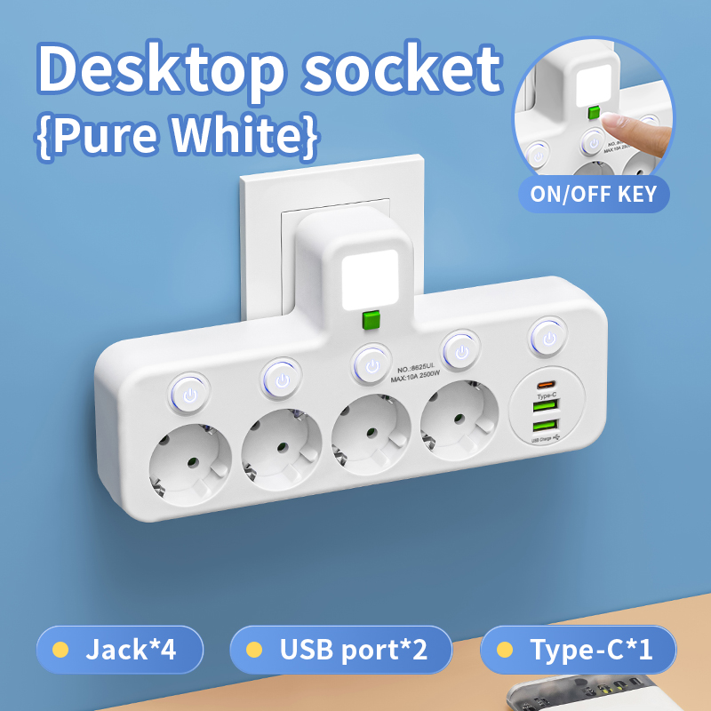 Regleta de enchufe estándar europeo montada en la pared con enchufe europeo con carga USB C, adaptador de filtro de red de interruptor independiente de 5 CA: Amarillo