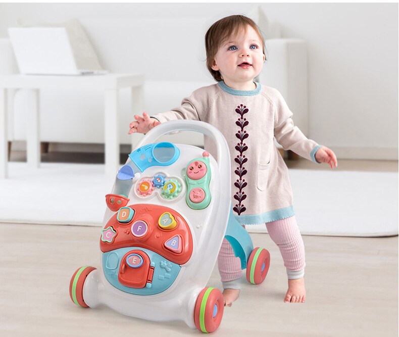 Baby walker legetøj 6-18 måneder første trin multifunktionelle trolley walker sidde til at stå musikalske rollator med justerbar skrue lille barn