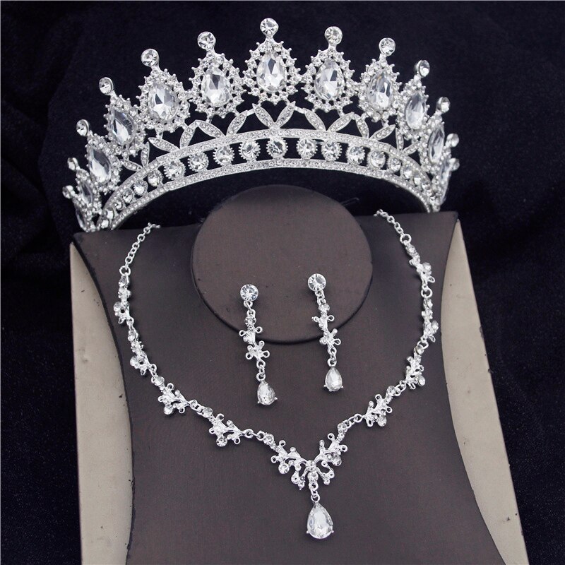Baroque Crystal Bridal Jewelry Sets for Women Prom Tiara Crowns Earring Necklace Bride Wedding Jewelry Set: Silver Sets