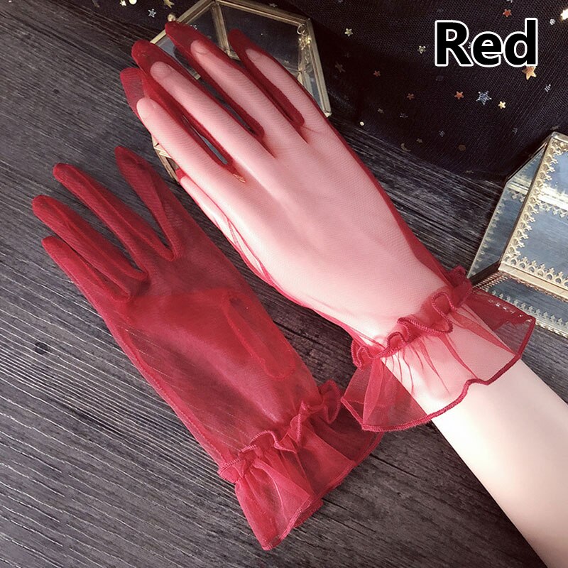 Sexig genomskinlig spets mesh gasväv dam handskar sommar uv-säkra svart rosa korta handskar dam brud bröllop vante handskar: Röd