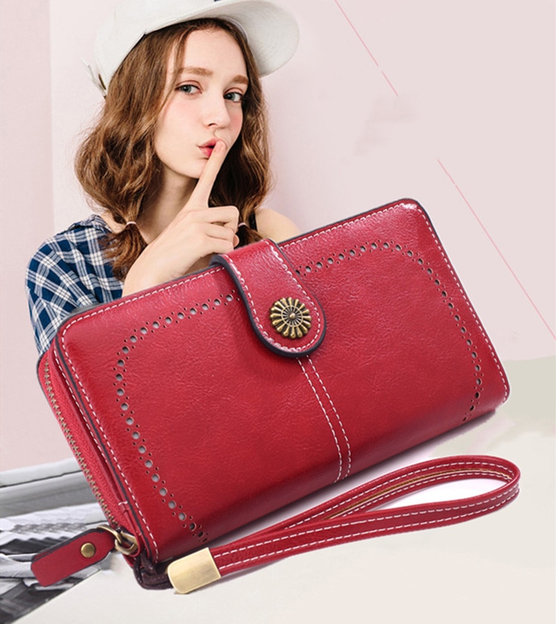 Damen-geldbörse aus gewachstem leder im retro-stil mit langem reißverschluss, handytasche, kartenetui und handtasche.