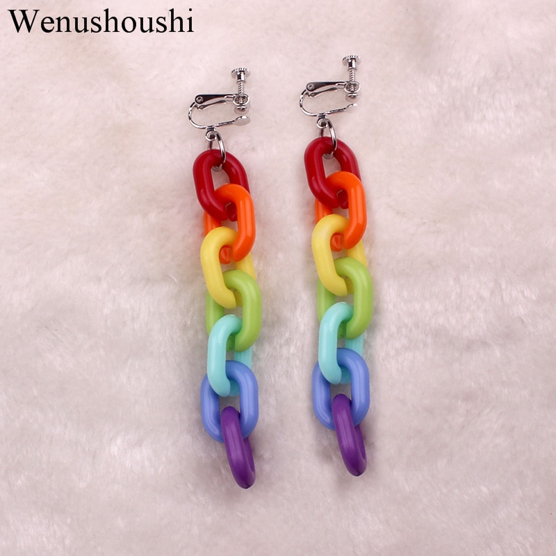 without piercing 7 color rainbow acrylic chains clip on earrings women trendy plastic chains clip earring brincos di154