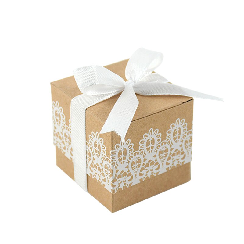 Caja con lazo de encaje para dulces, caja de papel Kraft con cintas, caja de de cumpleaños y boda, 10 piezas: L01