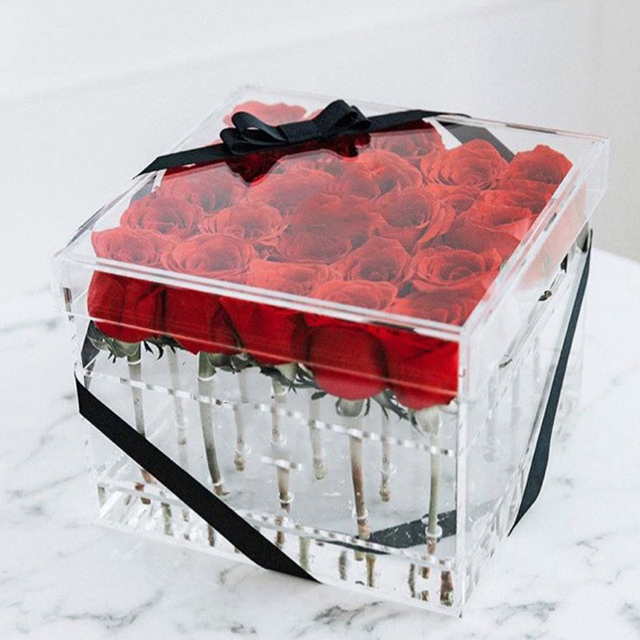 Acrylic Rose Flower Box Makeup Organizer Artificial Flower Bouquet Valentine's Day Wedding Decor Box: 25 Holes Box