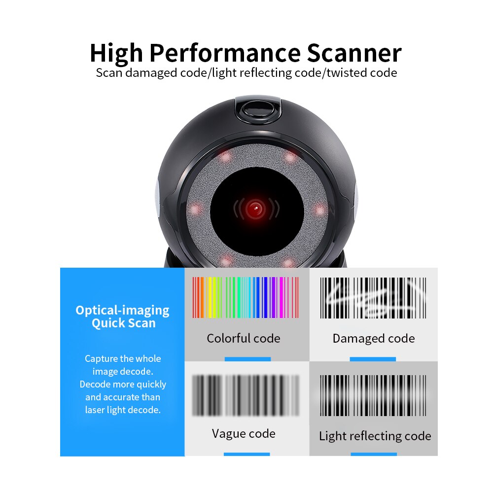 Wired Barcode Scanner USB Versatile Scanning Hands-free bar code reader Scan QR Code Reader for Ipad Supermarkets/Stores