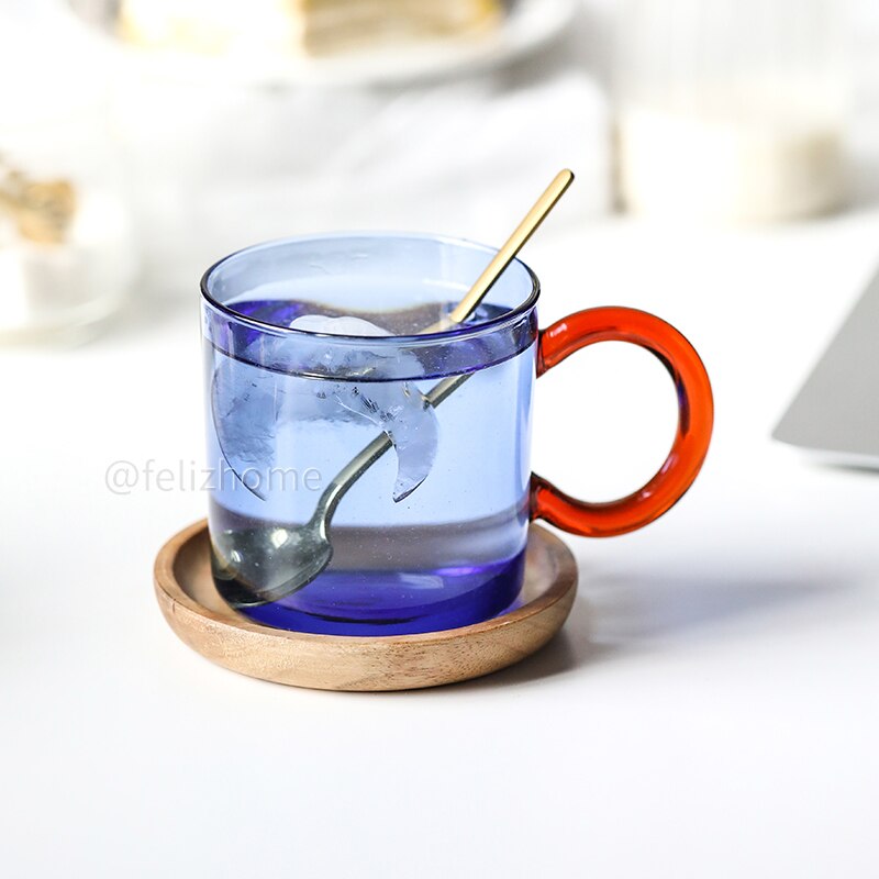 contrast color heat-resistant glass mug hanging ear coffee cup office household water cup high temperature resistance: blue Spoon Coaster