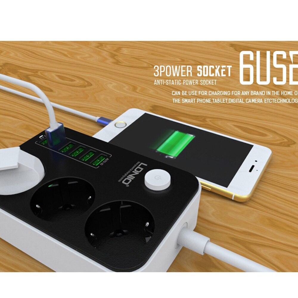 EU Power Strip with 3 Outlets 6 USB Ports 1.6m Extension Cord Surge Protector EU Plug Outlets smart Electric Socket