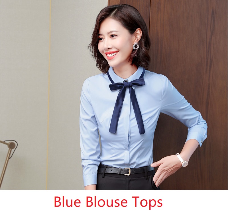 Nouveauté bleu Blouses & chemises pour femmes affaires travail usure OL Styles Blouse femme vêtements avec cravate automne: Blue / S