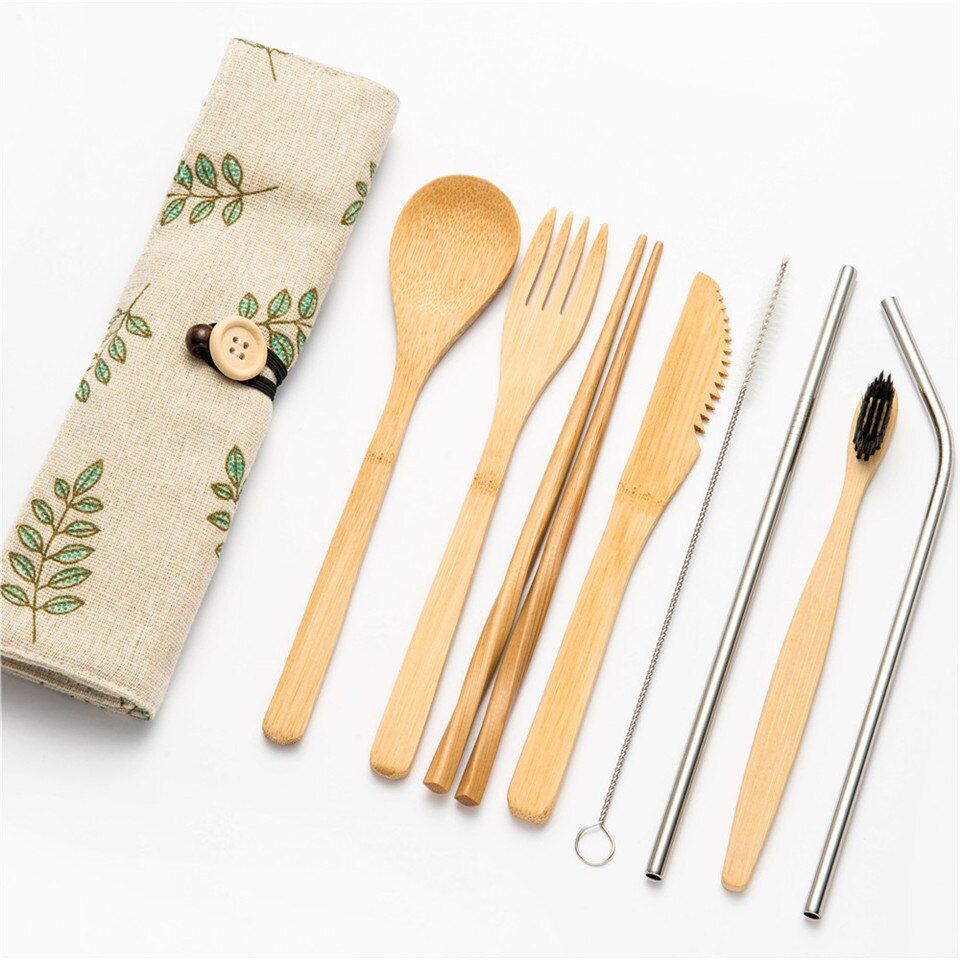 Draagbare Bestek Set Houten Bestek Vork Lepel Mes Tandenborstel Eetstokjes Bamboe Stro met Bestek Zak voor Reizen Picknick Set