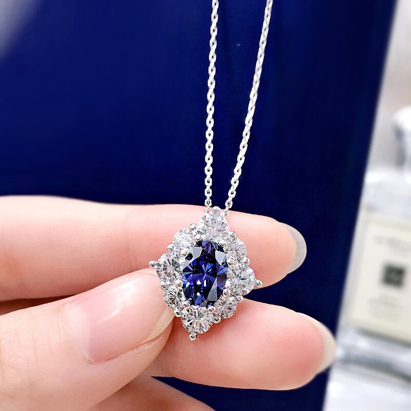 Oevas 100% 925 sterling silber 6*9mm saphire, hochkohlenstoffhaltige diamanten 43cm anhänger halskette für damen funkelnder hochzeitsschmuck