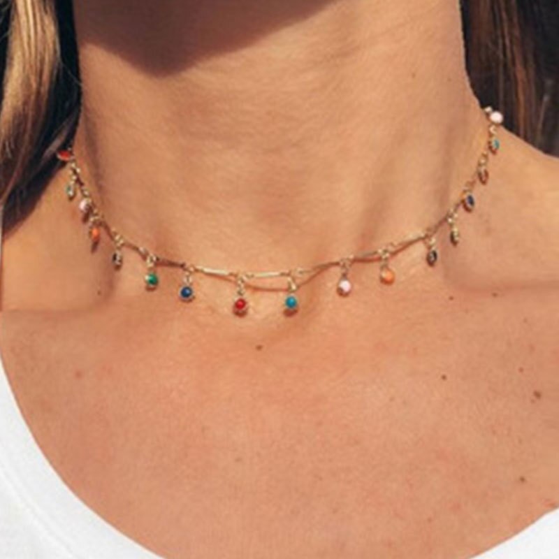 Gouden ketting voor dames, charmante kleurrijke stenen ketting, handgemaakte feestsieraden, kraagjes