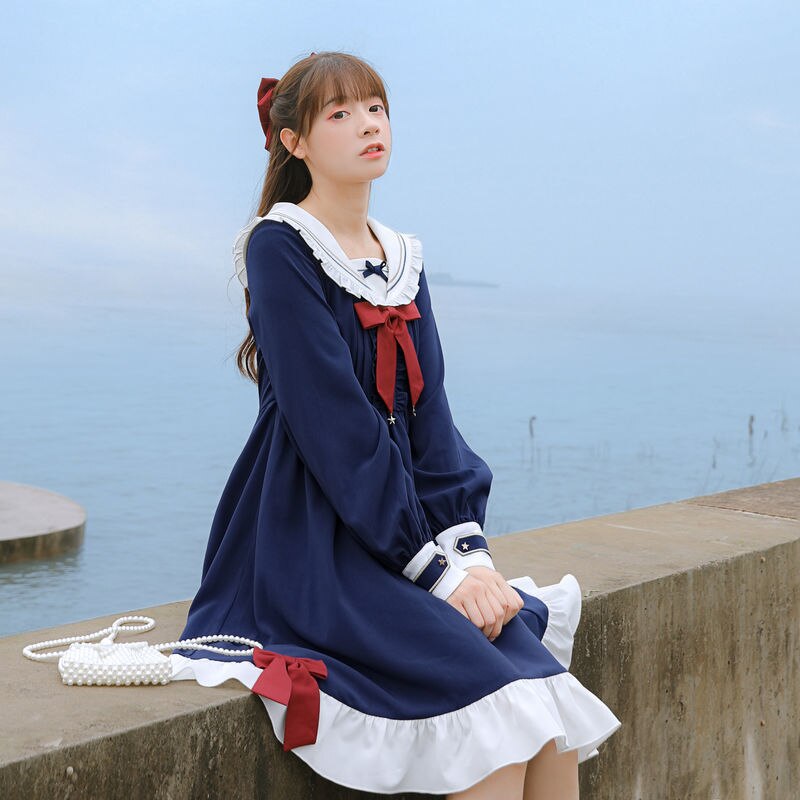 Vestido de estilo japonés para mujer, uniforme de manga larga con cuello de Sailor Jk, lazo dulce con volantes, Lolita
