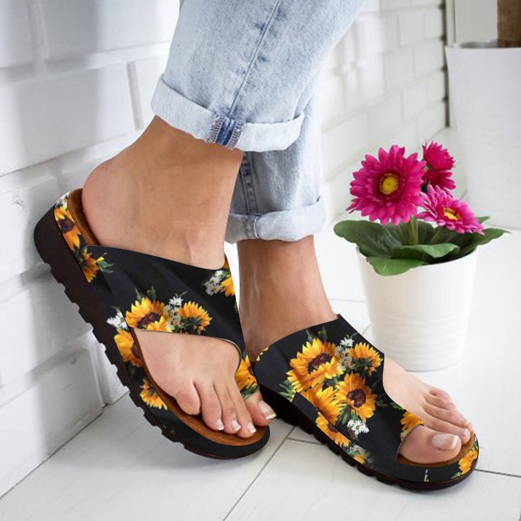 Womens Sunflower Print Sandals Flats Wedges Slipper Ladies Open Toe Beach Shoes Roman Slippers #ss