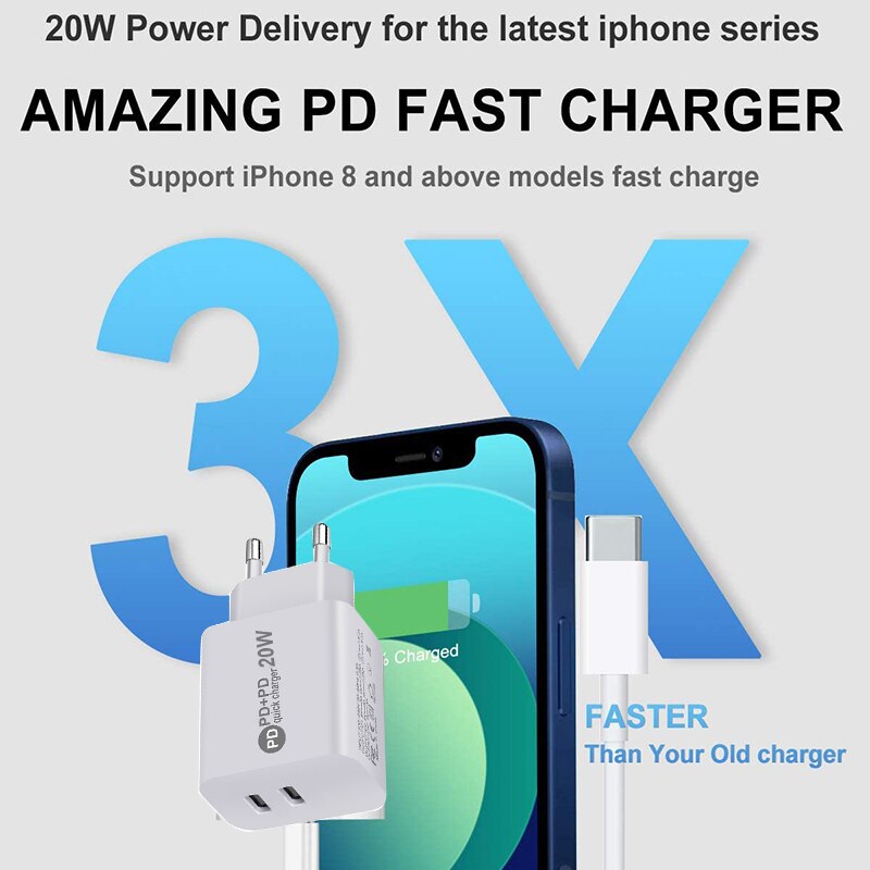 Dual Pd Charger 20W Type C Snel Opladen Voor Iphone 13 12 11 Xs Max Pro Draagbare Mobiele Telefoon travel Charger Usb C Eu Stekker