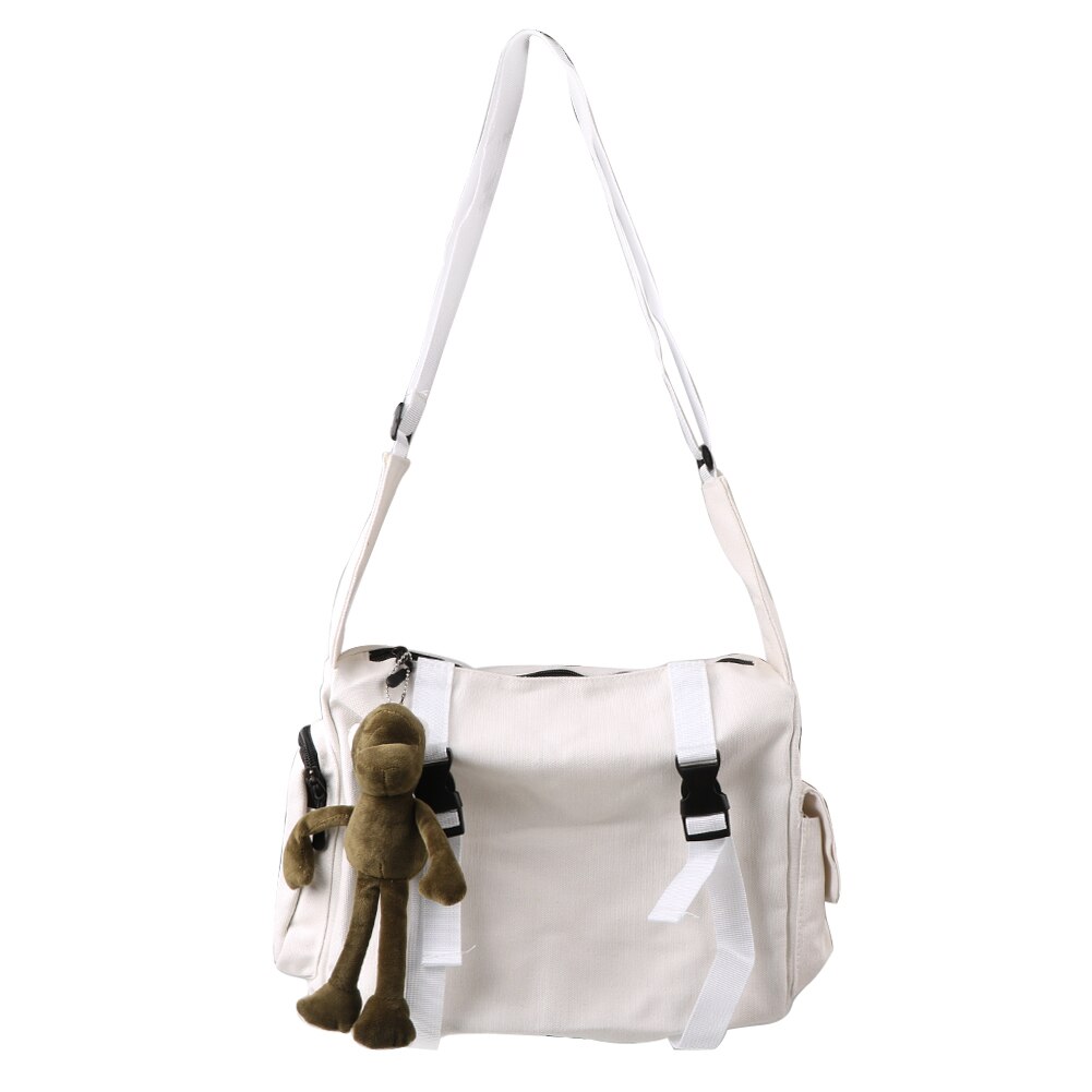 Ladies Pocket Canvas Tooling Bag Postman Bag Korean Bag Cell Phone Bags Simple Crossbody Bags Casual Flap Shoulder Bag: White With Pendan