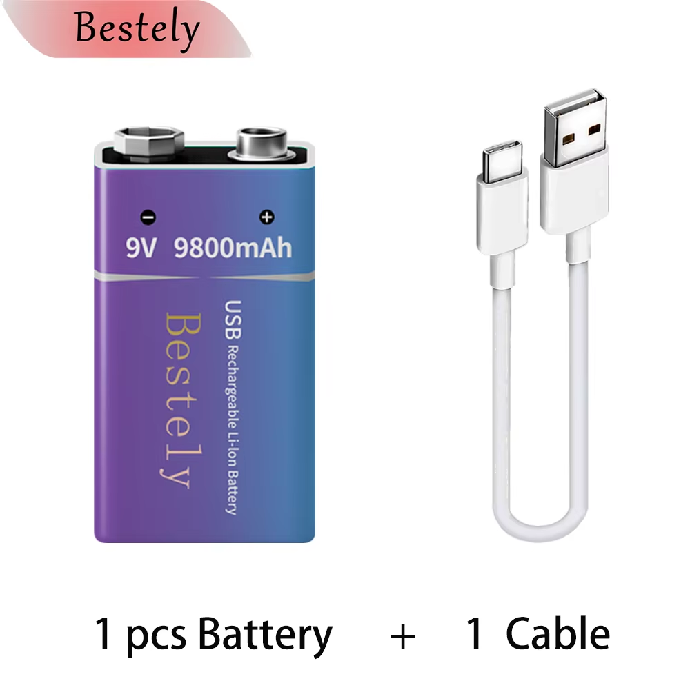 9V oplaadbare lithiumbatterij, 9800mAh langdurige 9v Li-ionbatterijen met kabel, voor rookmelder, alarmen, microfoon