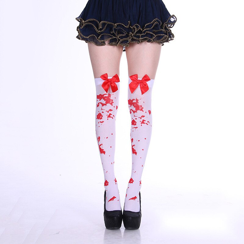 Chaussettes respirantes amusantes pour femmes, Cosplay Halloween, créativité japonaise, bas d&#39;infirmière des os, sang au dessus du genou, en Nylon et velours, Sukka: Blood bow