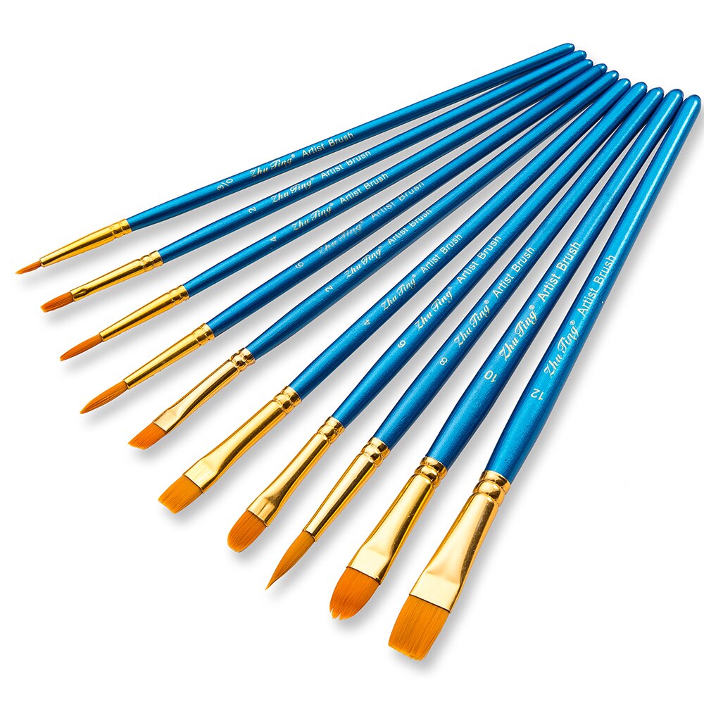 10Pcs/Set Nylon Watercolor Paint Brush Different Shape Acrylic Wooden Handle Point Tip Art Painting Brushes Stationery Supplies
