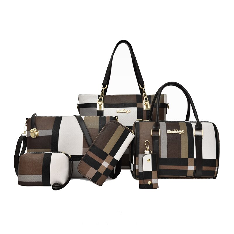 Kvinder håndtasker skulder crossbody tasker pu læder tasker miwind 6- stykke sæt funktionelle bærbare tasker med stor kapacitet: Brun