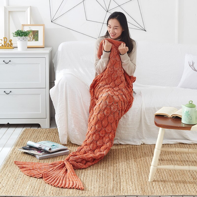 Knitted Mermaid Tail Blanket Fish Scales Crochet Handmade Sleeping Bag for Kids Adult Birthday Christmas: Model 5 / 90x195CM