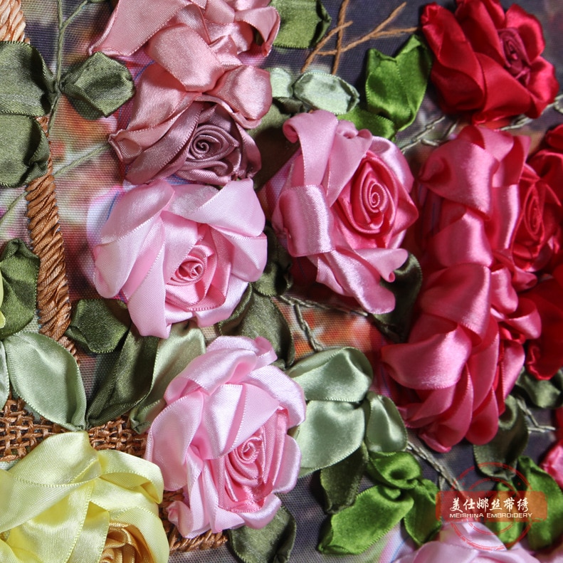 DIY Borduurwerk Kit, Lint Borduren, Naaien handwerken, Kruissteek, 3D Canvas Schilderij, Bloem, rose, Woonkamer Decor