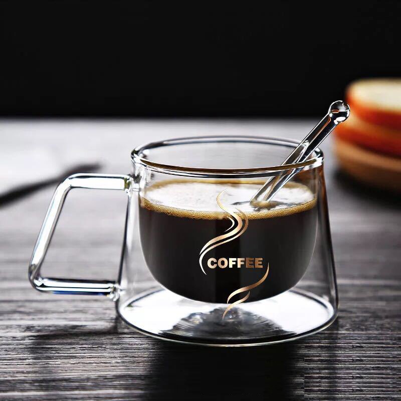 Taza de cristal de doble fondo para beber café, vaso de doble pared para té, vino, café, vaso de cristal con cuchara, 200 ml: With glass spoon